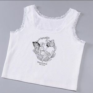 PixieKiki Cartoon Printed Lace Trim White Crop Top Fairy Grunge Summer, Size Med